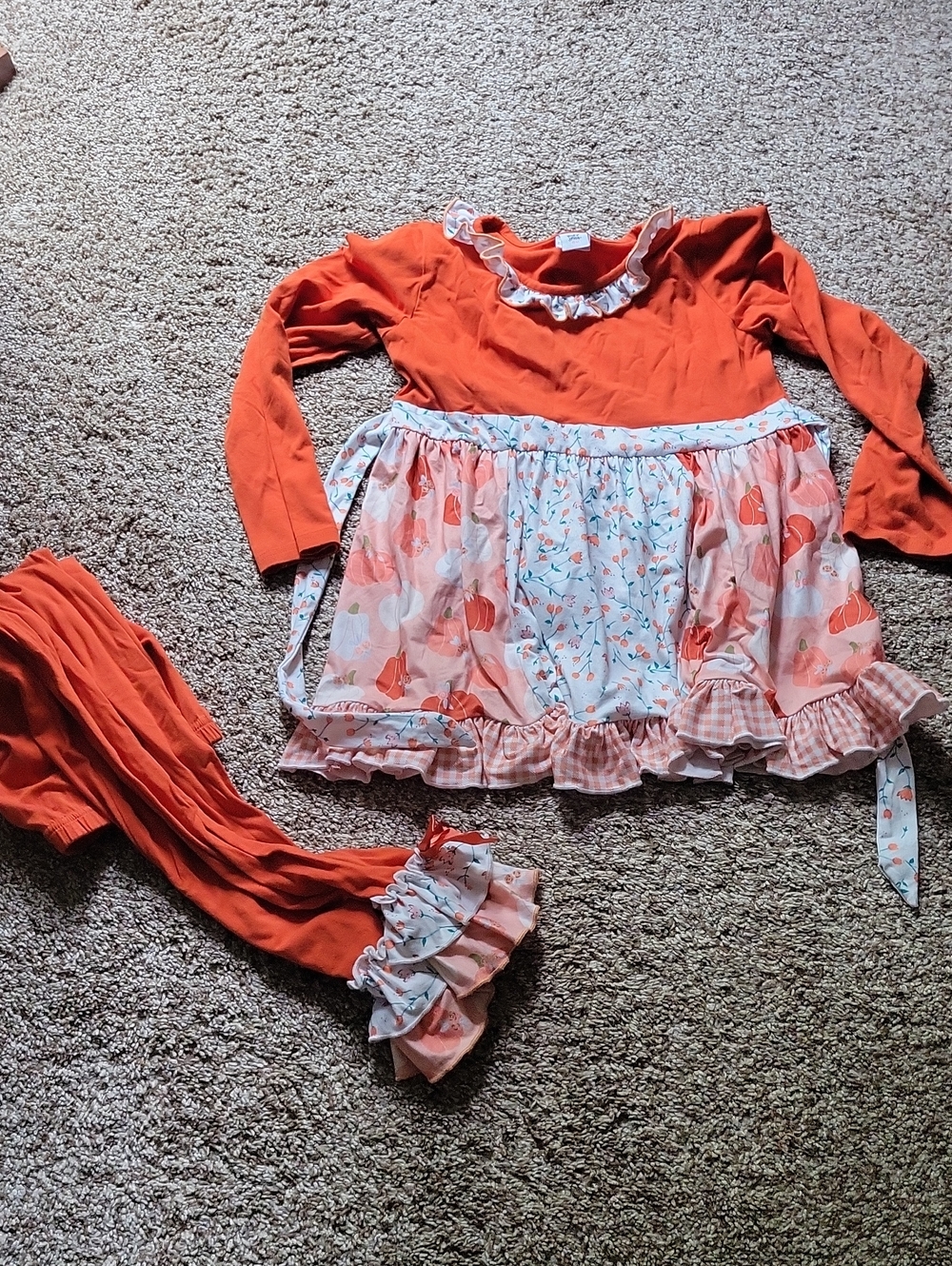Orange Pumpkin Print Girls' Dress with Matching Leggings